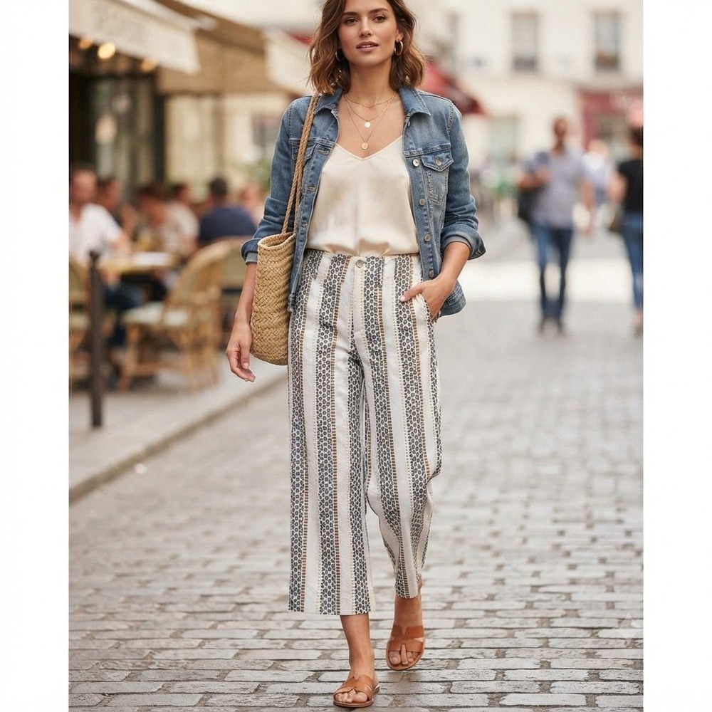 Anthropologie Embroidered Wide Leg Crop Pants White Geometric Eyelet Stripe 10P